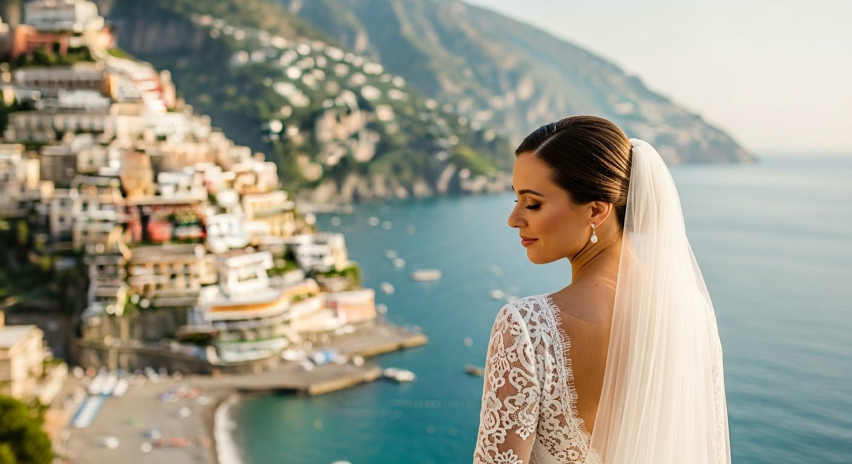 A bride with a romantic, sun-kissed makeup look, perfect for the Amalfi Coast.
