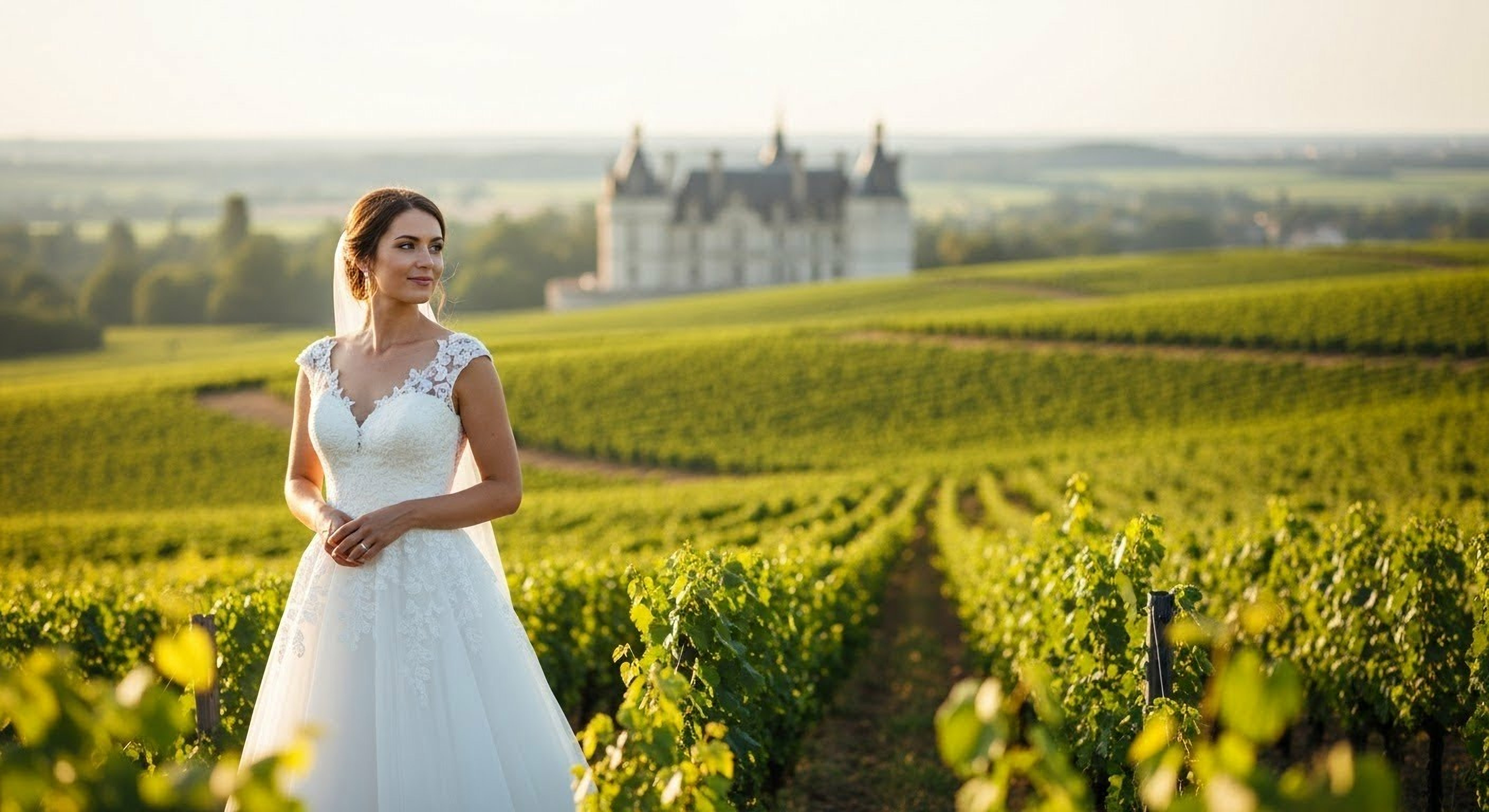 A radiant bride with an elegant hairstyle, embodying a timeless Champagne wedding look.