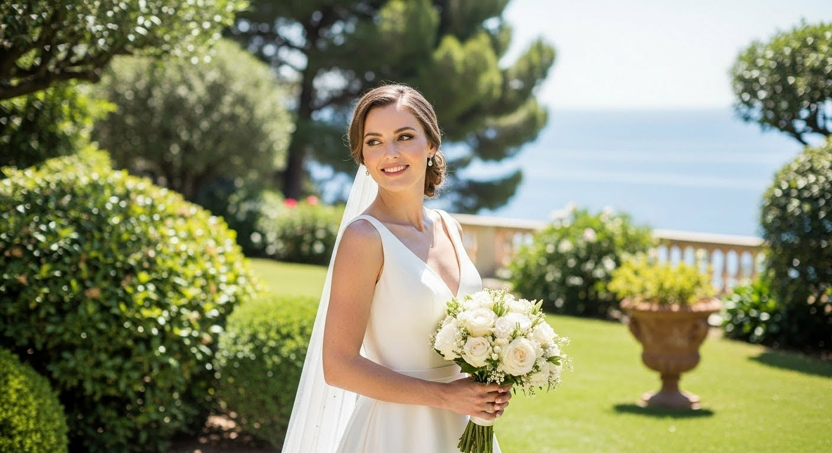 A bride with a sophisticated, chic hairstyle perfect for a French Riviera wedding.
